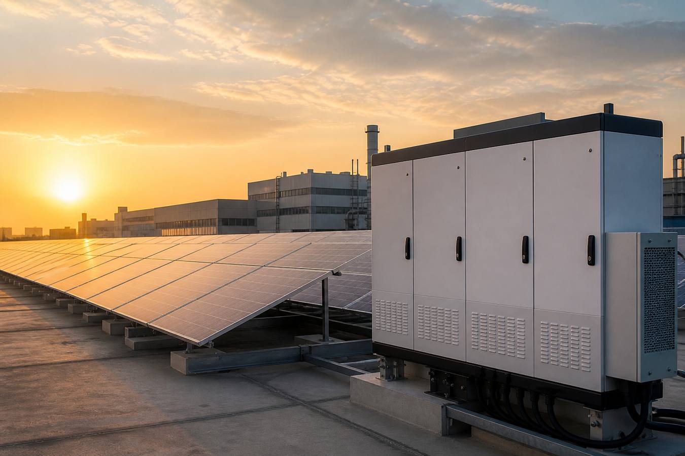 Rooftop solar array at sunrise — HelioGrid simulation